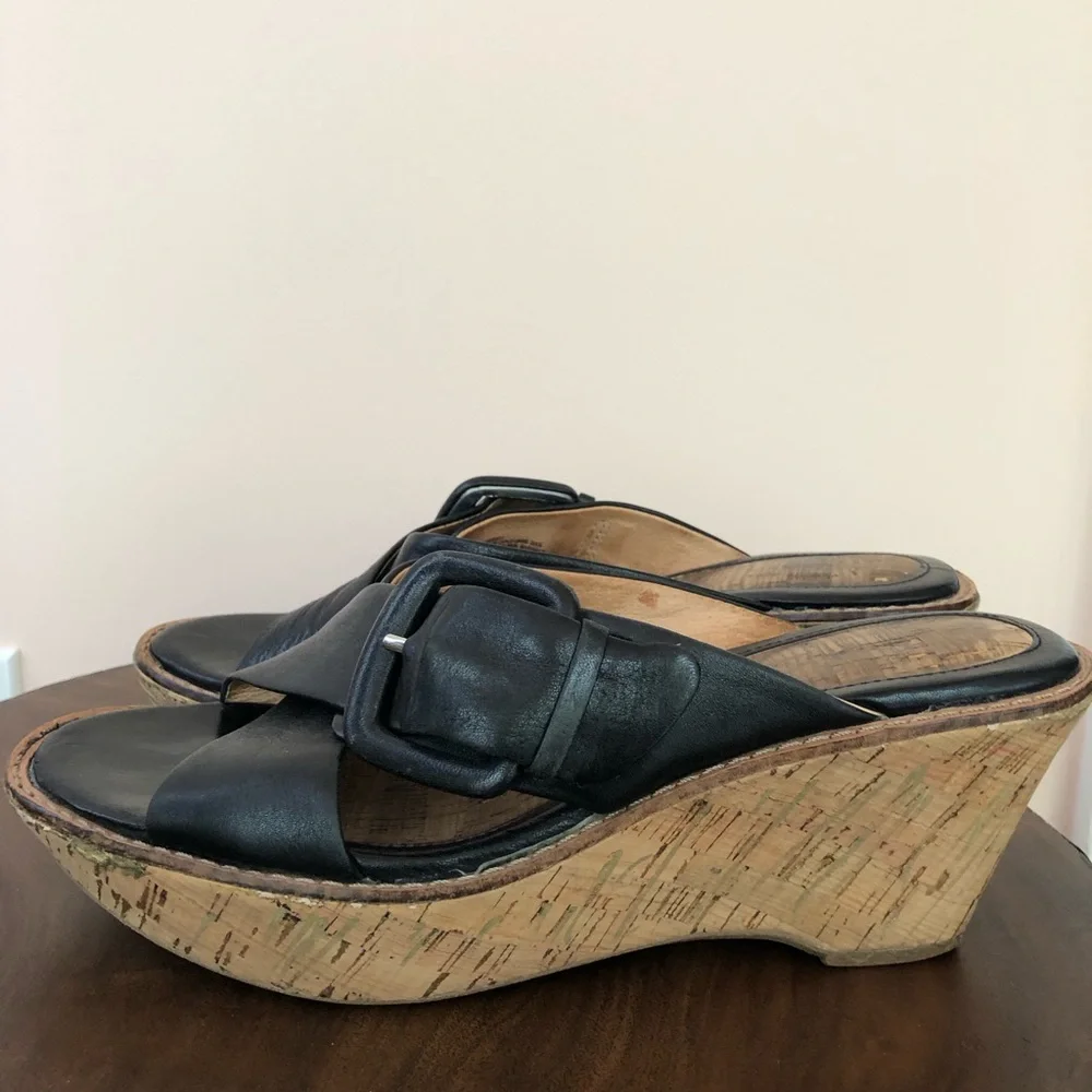 Sofft black leather wedge slides with buckle & cork-covered heel with gold - Picture 8 of 13